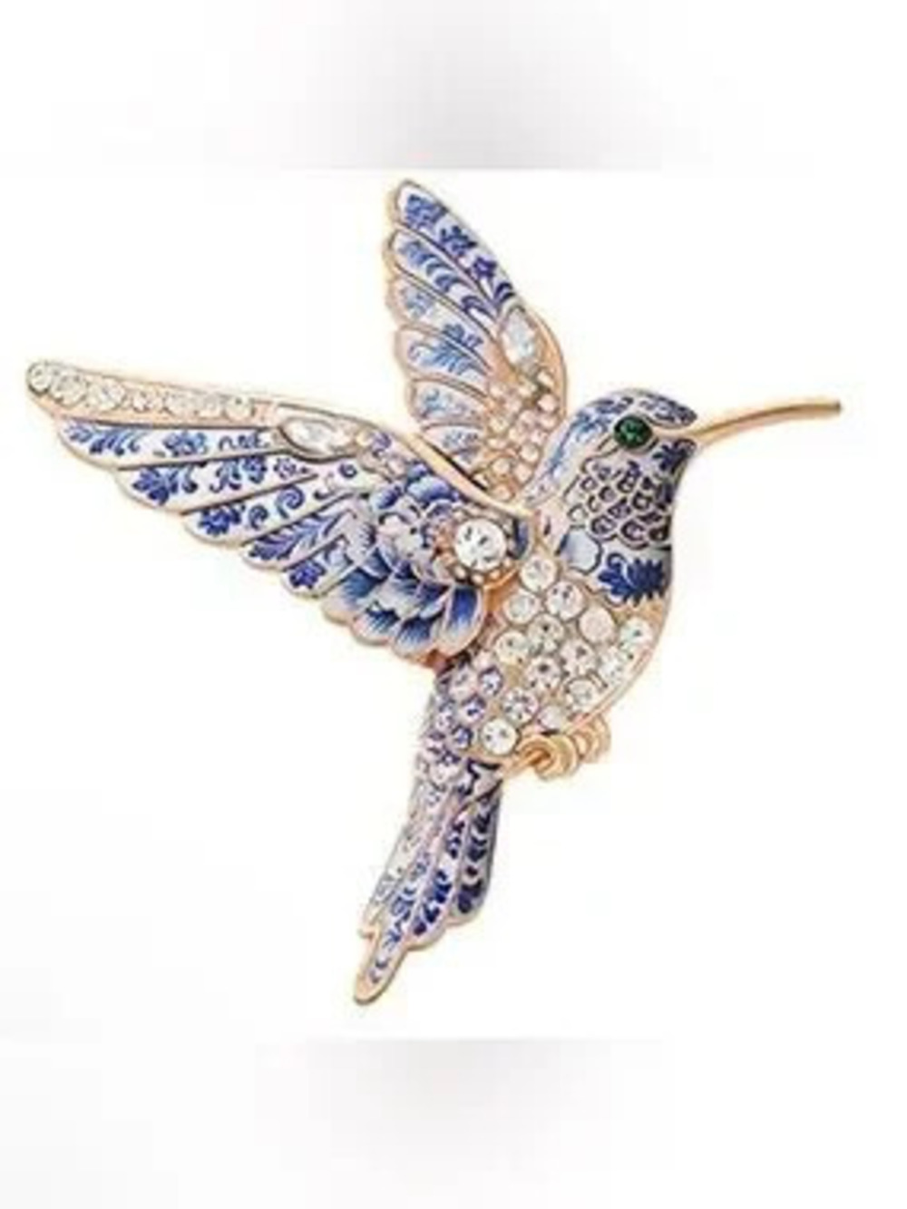 New!!! Anthropologie Blue and White Hummingbird Enamel Brooch with Crystal